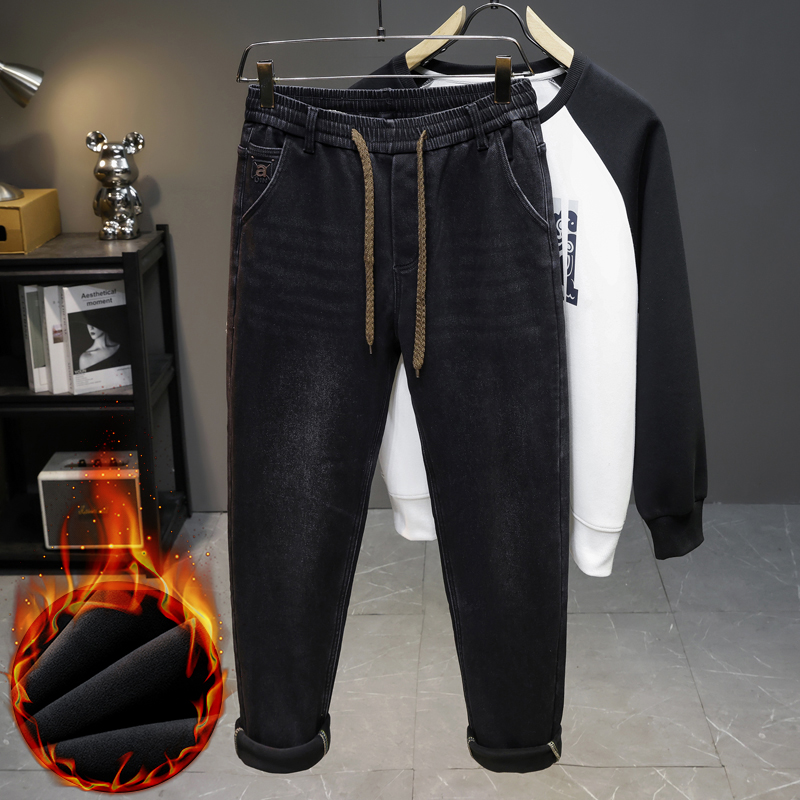 Men'S Fashion Grey Jeans - Men Winter New Fleece Jeans Elastic