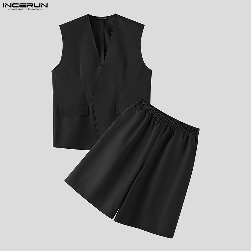 INCERUN Men Sets Solid Color V - Mens Fashion Summer review and price